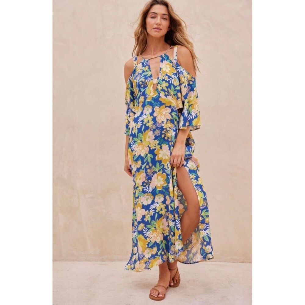 NWT Aquari Wanderlust Summer Floral Boho Cutout Maxi Kaftan Dress Medium Resort
